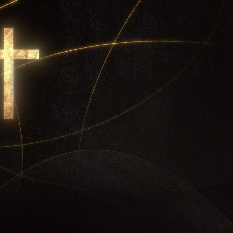 Golden Roman Christian Cross on liturgic black copy space banner background. 3D illustration for online worship church sermon in Advent and Lent. Concept symbolizing penance sacrifice mourning.