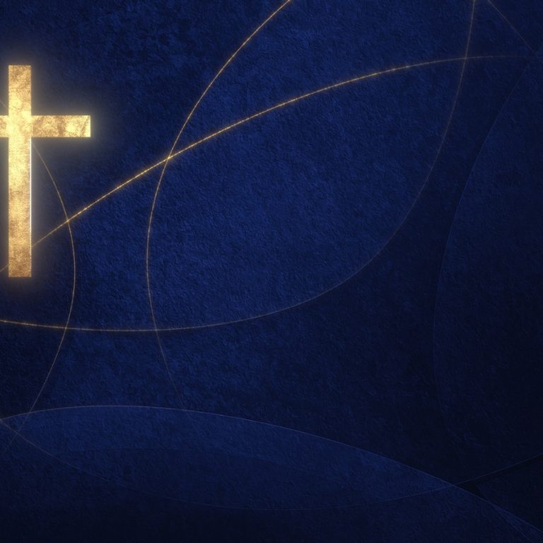 Golden Christian Cross on liturgic blue copy space banner background. 3D illustration for online worship live stream church sermon on Feast of Mary. Concept of the Feast of the Immaculate Conception.