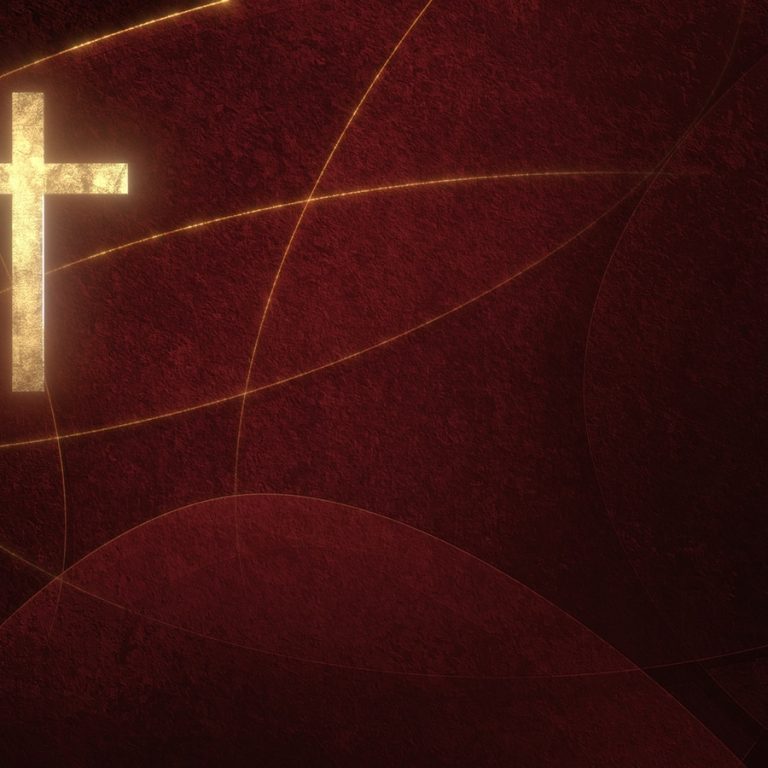 Golden Christian Cross on liturgic red copy space banner background. 3D illustration for online worship symbolizing the passion for Christ in Confirmation, Good Friday, Palm Sunday, and the Pentecost.